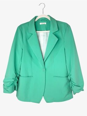 Tullette Vibrant Pastel Mint Green Single-Button Blazer L Ruched 3/4 Sleeves EUC
